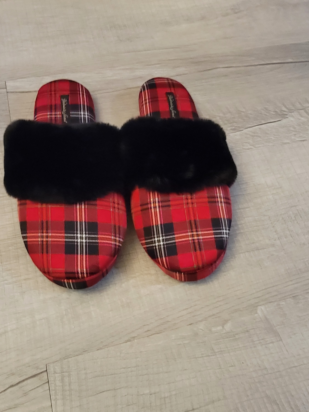 Victoria's Secret Red Plaid Slide Sandals with Black Faux Fur